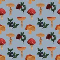 Vector pattern with mushrooms and berries on a blue background