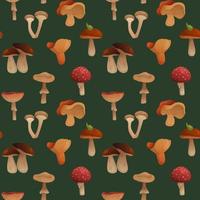 Vector pattern with mushrooms on a dark green background