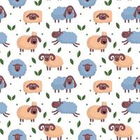 Vector pattern with blue and pink sheep and leaves