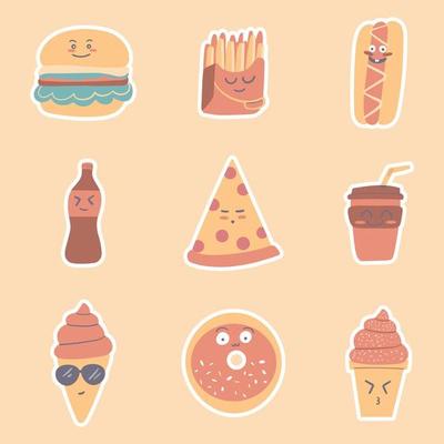 Cute Fast Food Face character set vector art