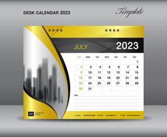 plantilla de calendario 2023, plantilla de julio de 2023, calendario de escritorio 2023 año sobre fondos dorados concepto lujoso, diseño de calendario de pared, planificador, publicidad, medios de impresión, vector