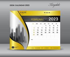 plantilla de calendario 2023, plantilla de febrero de 2023, calendario de escritorio 2023 año sobre fondos dorados concepto lujoso, diseño de calendario de pared, planificador, publicidad, medios de impresión, vector