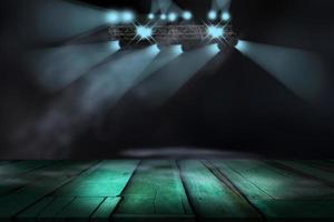 Aquamarine lighting on stage with floor wood photo