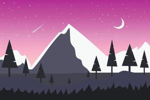 vistas a la montaña con colinas blancas como la nieve y colinas de color púrpura oscuro bajo un cielo nublado rosa. fondo de luna blanca con estrellas fugaces brillantes con vista de paralaje de colinas blancas como la nieve, ilustración vectorial de dibujos animados. vector