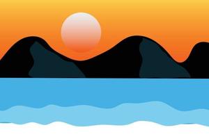 Mountain landscape with black silhouette hills under orange red clouds. vector