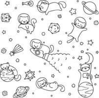 Cosmonauts travel to many planets with rockets and meet aliens coloring book vector