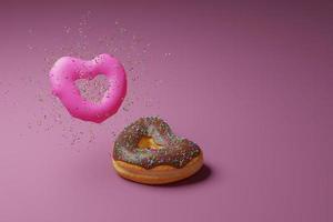 Heart shaped two pink donuts with topping on colorful background ,doughnut 3d rendering photo