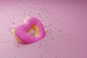 Heart shaped pink donuts with topping on colorful background ,doughnut 3d rendering photo