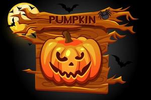 Halloween pumpkin icon, wooden banner for game. Vector illustration of a scary night with the moon and bats, wooden poster.