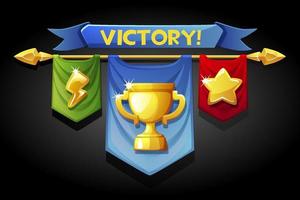 Victory banners, flags with golden cup icons for game assets. Vector illustration of pop-up winner, labels ui games.