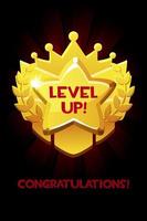 Level up reward cartoon gold icon, game app UI isolated design element for game. Vector illustration successful level complete winner badge.