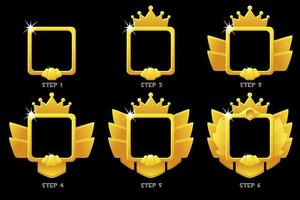 Gold frame game rank, square avatar template 6 steps animation for ui game. Vector illustration set vintage award frames with crown in motion for game graphic design.