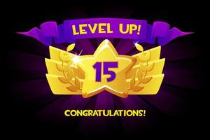 Level up reward cartoon gold icon with winner ribbon, game app UI isolated design element. vector