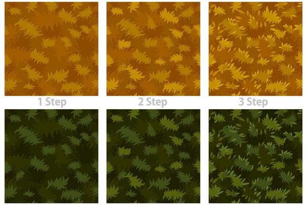 Seamless texture grass, drawing step by step dry and green grass. Vector illustration set organic textured backgrounds improvement for the game.
