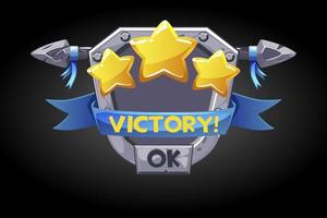 Pop-up victory, metal shield with stars assets for the game. Vector illustration of iron banner for winner, level rating.