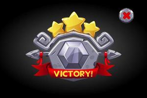 Victory pop up, stone banner ui game assets. Vector illustration label with stars for rating games, winner ribbon.