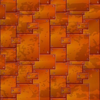 Seamless pattern metal, rusty iron plates for graphic design. Vector textured orange old background illustration, construction of metal and nails.