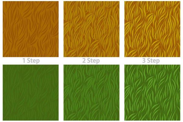 Seamless texture grass, drawing pattern step by step for the game. Vector illustration set of backgrounds organic dry and green grass waves for wallpaper.