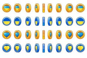 Set of rotating coins of Ukraine with heart for animation. The coin rotates in the colors of the Ukrainian flag for game design. Support for Ukraine vector