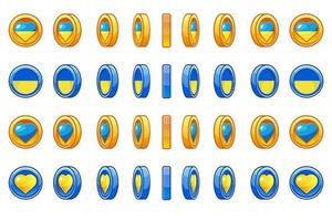 Set of rotating coins of Ukraine with heart for animation. The coin rotates in the colors of the Ukrainian flag for game design. Support for Ukraine vector