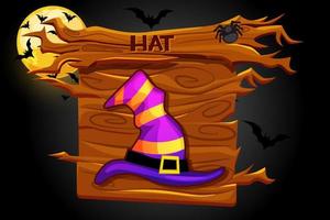 Game hat icon, wooden halloween banner and night background. Vector illustration of a moon with bats and a headdress for a graphical interface.
