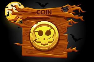 Game coin icon, scary skull on wooden banner. Vector illustration of scary Halloween night, moon and bat.