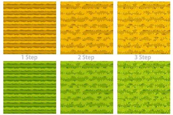 Seamless texture cartoon grass, 3 steps drawing dry and green grass for wallpaper. Vector illustration natural pattern, background improvement for game GUI.