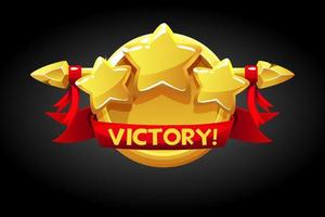 Victory pop up, golden round banner assets for game. Vector illustration golden shield with stars rating game, emblem winner ui game.