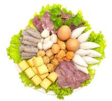 various fresh vegetables for sukiyaki on white background photo