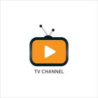 plantilla de diseño de logotipo de canal de televisión en línea, icono de televisión, botón de reproducción blanco, transmisión en vivo, compañía de entretenimiento, antena, naranja amarillo, negro vector