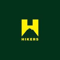 Yellow Hiking logo design template isolated on dark green color background. Letter H alphabet with negative space Silhouette of mountain shape logo concept. vector