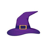 Vector illustration of purple witch hat with a gold buckle isolated on blank space. Halloween design element on white background.