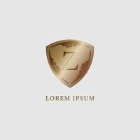 Letter Z alphabet logo design template. Luxury gold decorative shield sign illustration. Security, protection logo concept. Initial abjad company logo isolated on light gray background vector