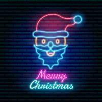 santa claus de neón brillante con fondo de pared de ladrillo oscuro y estilo de texto editable vector