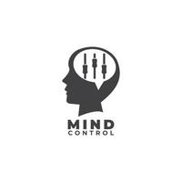 Mind control logo flat design template. Dark Gray Head shilhouette, Speech bubble or callout and equalizer logo concept. Isolated on white background. vector