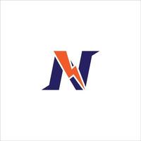 plantilla de diseño de logotipo inicial de letra n. alfabeto con concepto de logo de trueno. tema de color azul y naranja. aislado sobre fondo blanco vector