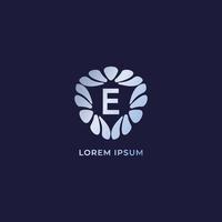 Letter E Alphabetic logo design template. Luxury decorative alphabet logo isolated on navy blue background. Silver metalic jewelry logo concept vector