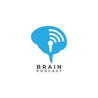 Brain podcast logo design template. Blue brain with microphone icon and signal wave illustration logo concept. Isolated on white background vector