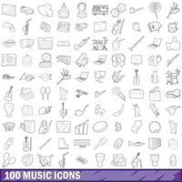 100 iconos de música, estilo de esquema vector