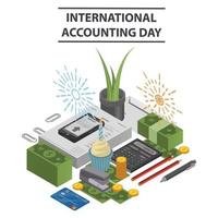 fondo del concepto del día internacional de la contabilidad, estilo isométrico vector