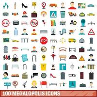 100 megalopolis icons set, flat style vector