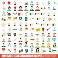 100 medical anatomy icons set, flat style vector