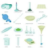 Conjunto de iconos de herramientas de laboratorio químico, estilo de dibujos animados