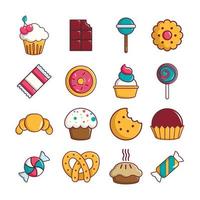 dulces, dulces, tortas, iconos, conjunto, caricatura, estilo vector