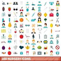100 nursery icons set, flat style