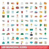 100 municipal icons set, cartoon style vector