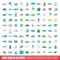 100 iconos acuáticos, estilo de dibujos animados vector