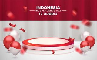 día de la independencia de indonesia 17 de agosto podio rojo de lujo renderizado en 3d con escaparate de cortina blanca vector