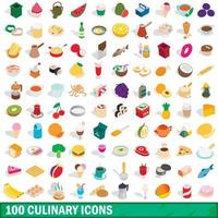 100 culinary icons set, isometric 3d style vector