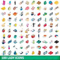 100 lady icons set, isometric 3d style vector